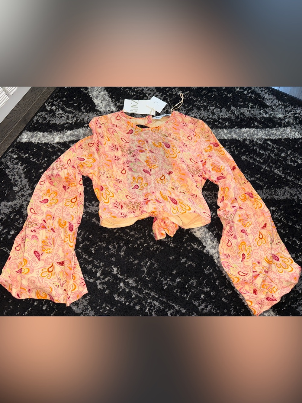 Zara Pink Paisley Tie-Back Bell Sleeve Top